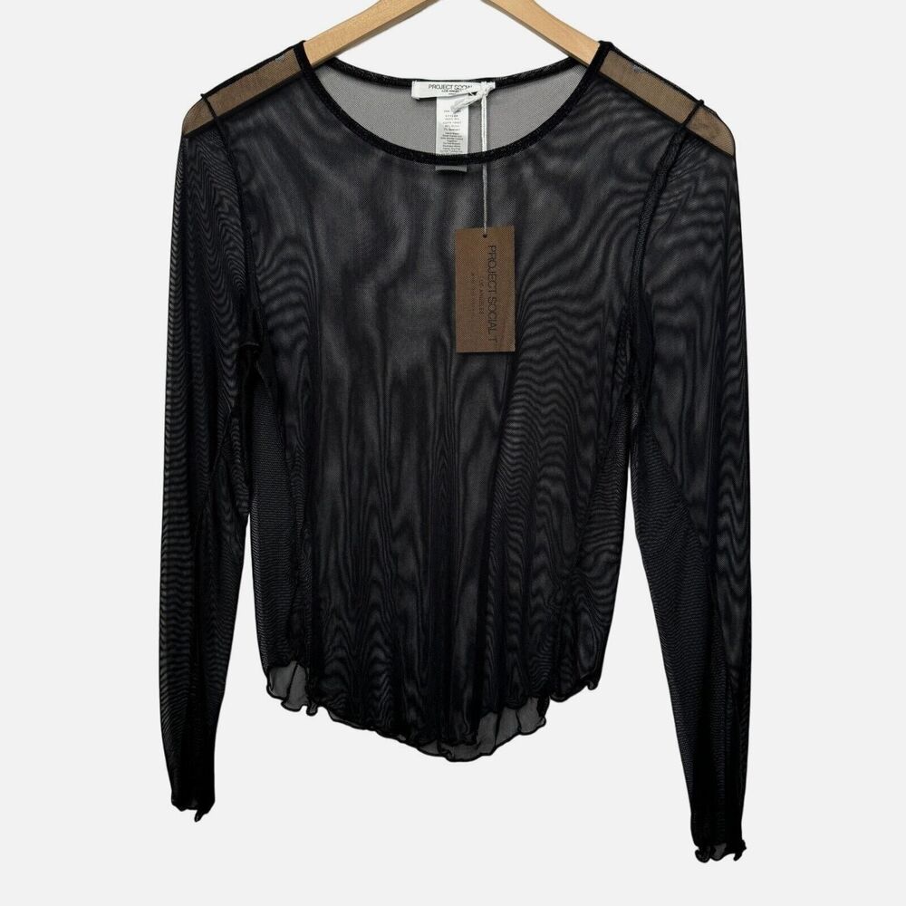 Project Social T Long Sleeve Crew Neck Mesh Top In Black Women Small Sheer NEW